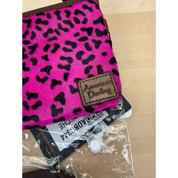 American Darling Pink Animal Print Faux Leather Trim Wristlet Crossbody Bag 10x5 - Picture 4 of 10